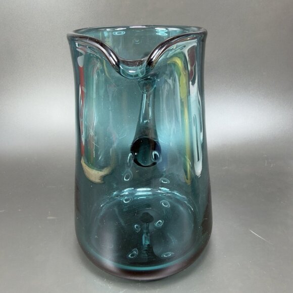 Mid Century Teal Green Art Glass Pitcher Jug Carafe Hand Blown Glassware Vintage - Picture 5 of 11